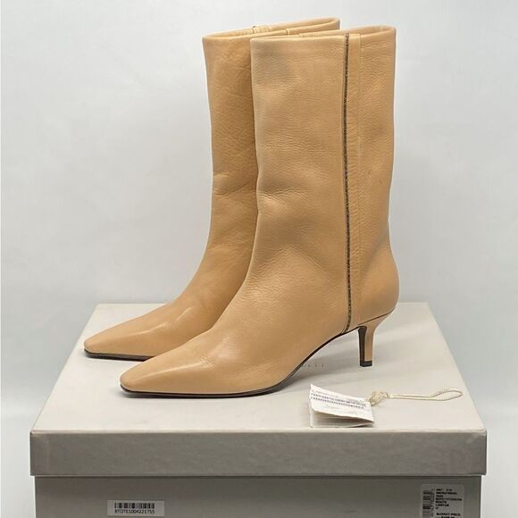 Brunello Cucinelli Bead embellished Leather Kitten-Heel Boots size 37 - Picture 10 of 12